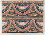 Sheet with two borders with draped curtains and floral garlands, Anonymous , Italian, late 18th-mid 19th century, Relief print (wood or metal)