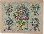 Sheet with five bouquets on a blue checkered background, Anonymous , Italian, late 18th-mid 19th century, Relief print (wood or metal)