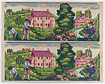 Sheet with two borders with pastoral landscapes, Anonymous , Italian, late 18th-mid 19th century, Relief print (wood or metal)
