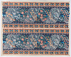 Sheet with two borders with lace atop a floral garland against a navy background, Anonymous , Italian, late 18th-mid 19th century, Relief print (wood or metal)