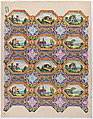 Sheet with pattern of brightly colored landscapes in hexagonal frames, Anonymous , Italian, late 18th-mid 19th century, Relief print (wood or metal)