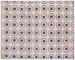 Sheet with overall pattern of pink flowers with blue centers, Anonymous , 19th century, Relief print (wood or metal)