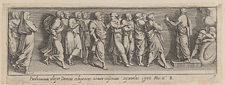 Plate 9: Joshua, standing at right, speaks to the people of Israel, after a lost fresco in the basamento of Bay 10 of the Vatican Loggia, Pietro Santi Bartoli  Italian, Etching