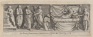 Plate 11: Bathsheba interceding with David for Solomon, from Genesis 27, after a lost fresco in the basamento of Bay 11 of the Vatican Loggia, Pietro Santi Bartoli  Italian, Etching
