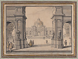 Architectural Capriccio with a Palace seen through a Triumphal Arch, Louis Joseph Le Lorrain  French, Pen and ink with wash