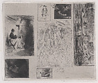 Composite plate: Woman and Children (a), Old Musician (b), Frying Merchant (c),  Landscape (d), Landscape (e), Praying Monk (f), and Scavenger (g), Charles Jacque  French, Drypoint