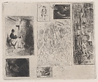 Composite plate: Woman and Children (a), Old Musician (b), Frying Merchant (c),  Landscape (d), Landscape (e), Praying Monk (f), and Scavenger (g), Charles Jacque  French, Drypoint