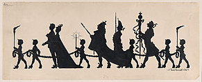 Tailpiece, silhouette of a king in procession with courtiers and page, John Bennett American, Cut paper