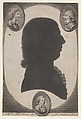 Edward Beetham, bust in profile to right in an oval, with two caricature heads in small ovals in the upper corners, Isaac Jehner British, Mezzotint