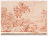 A Classical Landscape with Travelers by a Lake, Jan van Huysum  Dutch, Red chalk; lower border tinted with gray wash; framing lines in black chalk along the image