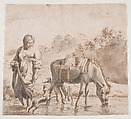 A Peasant Woman and a Donkey Crossing a Stream, Karel Dujardin Dutch, Pen and brown ink, with brush and gray and some brown wash, over red chalk; traces of a framing line in black ink along the upper edge (trimmed)