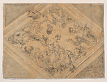 Ceiling Design with Figures along a Lozenge-Shaped Balustrade (recto); Alternative Design with Groups of Figures along a Lozenge-Shaped Window (verso), Leonaert Bramer (Dutch, Delft 1596–1674 Delft), Brush and gray and black ink, with gray wash; verso: brush and gray and some black ink, with gray wash on yellow prepared paper