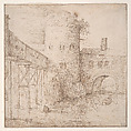 A Mill with a Fortified Bridge, a Rowing Boat in the Foreground, Roelandt Savery  Flemish, Pen and brown ink; framing lines in brown ink