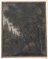 A Wooded Landscape with Travelers Crossing a Small Bridge over a River, Anthonie Waterloo  Dutch, Black chalk, watercolor and gouache on pale blue paper; framing lines in black ink and in black chalk