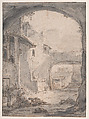 View in an Italianate Courtyard (courtyard with stairs and a round arch), Thomas Wijck  Dutch, Pen and brown ink, brush and gray wash, over black chalk; framing lines in black ink