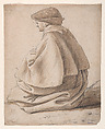 Study of a Seated Peasant Woman, Viewed from Behind and to the Left, Herman Saftleven II  Dutch, Black chalk, with brush and brown wash
