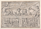Men on a Balcony (recto); Old Man Pointing to a Book Held by a Boy (verso), Leonaert Bramer (Dutch, Delft 1596–1674 Delft), Pen and brown ink, brush and gray and black ink, with gray wash, over traces of black chalk; double framing lines in brown ink on lower, left and upper edges; verso: brush and black ink
