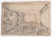 A Design for a Ceiling Decoration with Figures Looking down from a Pillared Gallery (recto); Figure Sketches (verso), Leonaert Bramer Dutch, Black chalk, pen and brown ink, brush and gray ink, with gray wash and some red chalk; verso: red chalk