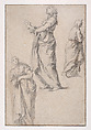 Three Studies of a Woman (recto); Woman from the Back, Study of Legs (verso), Abraham Bloemaert (Netherlandish, Gorinchem 1566–1651 Utrecht), Black chalk, brush and light gray wash (added later?), heightened with white chalk, some pen and brown ink for one of the women, on tan paper (recto); red chalk, red chalk counterproof (verso); framing lines in pen and brown ink both sides