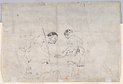 Men on a Balcony (recto); Old Man Pointing to a Book Held by a Boy (verso), Leonaert Bramer (Dutch, Delft 1596–1674 Delft), Pen and brown ink, brush and gray and black ink, with gray wash, over traces of black chalk; double framing lines in brown ink on lower, left and upper edges; verso: brush and black ink