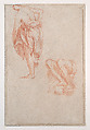 Three Studies of a Woman (recto); Woman from the Back, Study of Legs (verso), Abraham Bloemaert (Netherlandish, Gorinchem 1566–1651 Utrecht), Black chalk, brush and light gray wash (added later?), heightened with white chalk, some pen and brown ink for one of the women, on tan paper (recto); red chalk, red chalk counterproof (verso); framing lines in pen and brown ink both sides