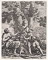 Putti and bacchantes at the bottom of a tree, Michel Dorigny  French, Etching