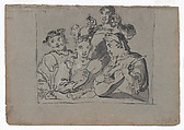 A Quartet of Singers, Lute players, and Bell Ringers Playing in a Tavern by Candlelight, Leonaert Bramer Dutch, Brush drawing in gray ink, heightened with white bodycolor; framing lines in brush and gray ink with white bodycolor