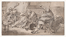 Peasants fighting in an inn, Adriaen van Ostade  Dutch, Pen and brown ink, brush and brown wash, over black chalk; framing lines in pen and black ink