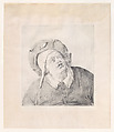 A man in a hat looking up, Cornelis Dusart  Dutch, Black chalk on vellum, black chalk framing lines