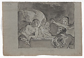 Abraham Entertaining the Three Angels, Leonaert Bramer Dutch, Brush and gray wash, heightened with white bodycolor, on blue paper; framing lines in brush and gray wash and white bodycolor