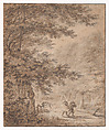 Travelers in a Forest, Herman Saftleven II  Dutch, Black chalk, brush and black and brown wash, heightened with white, black framing lines on three sides