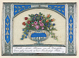 Greeting Card, Johannes Endletzberger (Austrian, 1782–1850), Silver embossed paper frame, handwritten motto on white card stock, silk chiffon, silver Dresden” urn scrap, tiny floral embellishments made of a clay-like material, watercolor, and graphite