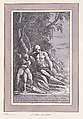 Saint John in the Desert, Anton Maria Zanetti the Elder Italian, Chiaroscuro woodcut from two block in lavendar and black, with border in gold ink and watercolor border