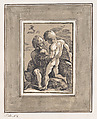 Two Children Playing with a Lamb, Anton Maria Zanetti the Elder Italian, Chiaroscuro woodcut printed from two blocks in tan and black, with gold border and watercolor frame