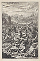 Battle scene with a man about to be stabbed with a sword at lower right, Jan Caspar Philips Dutch, Etching