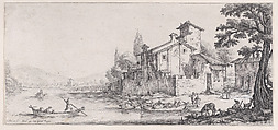 La Promenade sur L'Eau (The Walk by the Water), from "Paysages Gravés pour Jean de Médicis appelées aussi Paysages Dessinés a Florence, Vues de Florence, Paysages d'Italie, et Paysages Définitifs" (Landscapes Engraved for Giovanni de'Medici, Landscapes Designed in Florence, Views of Florence, Landscapes of Italy, and Definitive Landscapes), Jacques Callot  French, Etching; second state of two (Lieure)