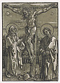 Christ on the Cross flanked by the Virgin and Saint John, Dürer-School (German, first half 16th century), Chiaroscuro woodcut with tone block in green
