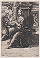 Chastity, a woman seated, a unicorn to her right, Agostino Veneziano (Agostino dei Musi) Italian, Engraving