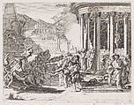 Sinorix being carried from the temple after being poisioned, Arnold van Westerhout  Flemish, Etching