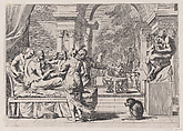 The prodigal son seated on a couch being served wine, revelers in the background, a monkey wearing a collar and chain in the lower right, Anonymous, 17th century, Etching
