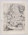 The Virgin at the right with the Christ Child and St John the Baptist at left, a pyramid structure in the background, Anonymous, 18th century, Etching