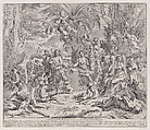 An allegory of painting, who as an child in the centre left draws on a tablet, surrounded by figures, many of whom are drawing, Pietro Testa Italian, Etching