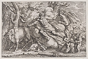 Io at the left as a cow, Jupiter on a cloud in the centre and Juno at the right with putti holding an eagle captive in the lower right, Pietro Santi Bartoli  Italian, Etching
