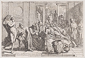 Plato's symposium: Socrates and his companions seated around a table discussing ideal love interruputed by Acibiades at left, Pietro Testa  Italian, Etching