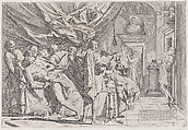 The suicide of the philosopher Cato, who lies on his bed pulling out his innards watched by horrified disciples, Pietro Testa  Italian, Etching