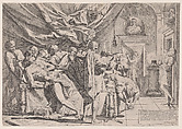 The suicide of the philosopher Cato, who lies on his bed pulling out his innards watched by horrified disciples, Pietro Testa  Italian, Etching