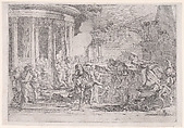 Sinorix carried from the temple of Artemis trying to escape the effects of the poisoning, Pietro Testa  Italian, Etching