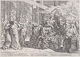 The suicide of Dido who reclines on a pyre in centre, surrounded by many figures, Giovanni Cesare Testa Italian, Etching