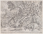 Venus and Adonis, surrounded by many putti, reclining after the hunt, with a dead boar in the lower right, Pietro Testa Italian, Etching