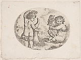 Putto at left holding an upturned cornucopia and a garland, another seated at the right holding an urn, an allegory of the seasons (Autumn), an oval composition, Anonymous, 17th century, Etching